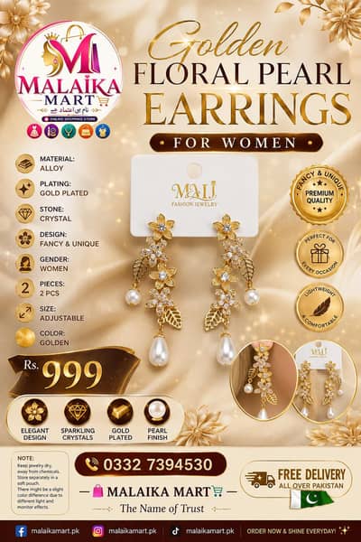 golden floral pearl earrings