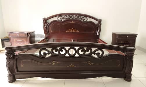 Elegant Dark Wood Double Bed Set with Side Tables & Mattress