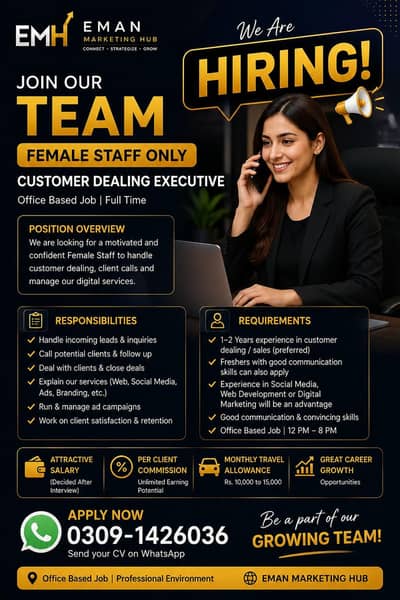 Female Customer Dealing Executive Required | Office Based Job | Lahore