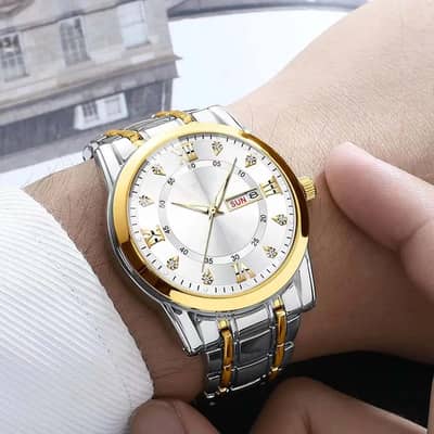 luxury men watch blue dial gold steel band waterproof
