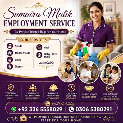 Maids / House Maids / cook / Nanny , chef / Baby Sitter maid available