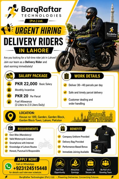 Urgent Hiring– Delivery Riders in Lahore/0312-4515448