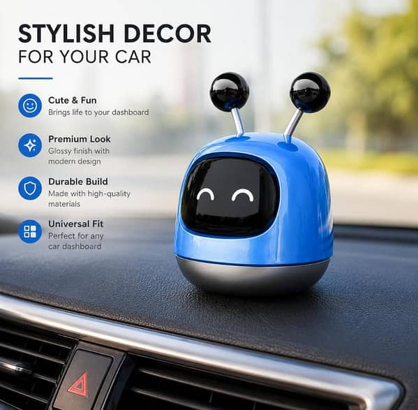 Cute Robot Dashboard Ornament Set – Bobble Head Car Dashboard Decoration | Premium Car Interior Accessory (Red, Blue & Grey)