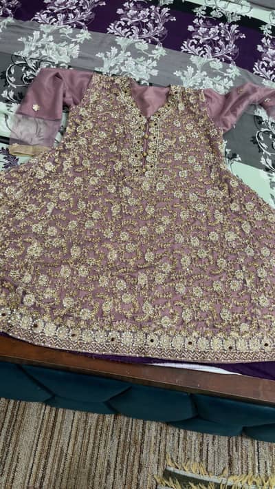 Heavy Embroidered Net Frock 3Piece Onion Pink Colour