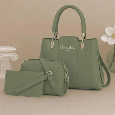 Green Leather 3 Piece Handbag Set For Womens