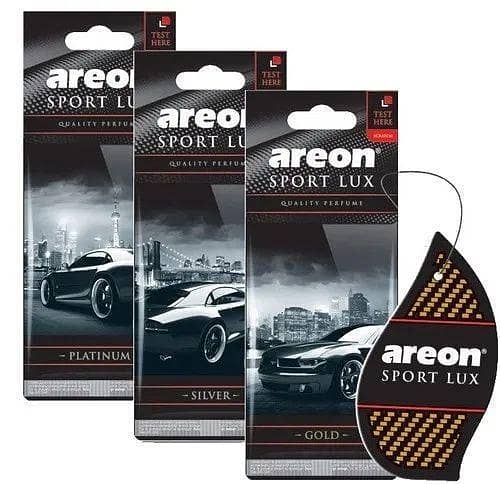 AREON SPORTS LUX PACK OF 3 CARDBOARD AIR FRESHENER MULTI FRAGNANCE AREON HANGING QUALITY PERFUME CARD FOR CAR, OFFICE & HOME SILVER GOLD PLATINUM MADE IN CHINA PACK OF 3