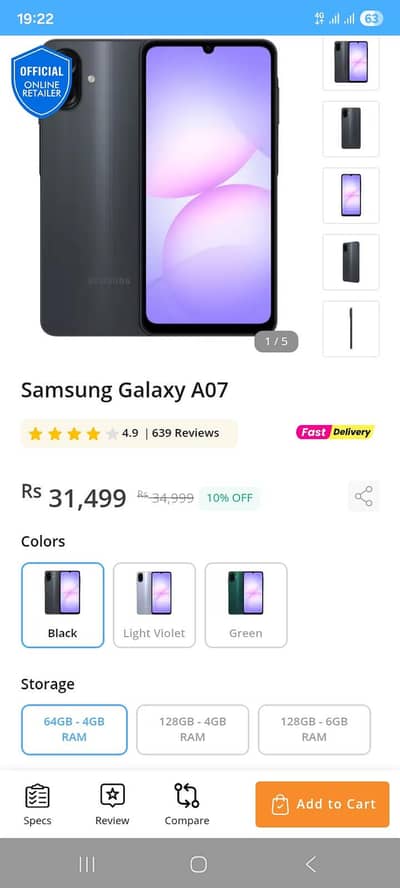 Samsung A07 (7 months warranty) 4gb 64gb