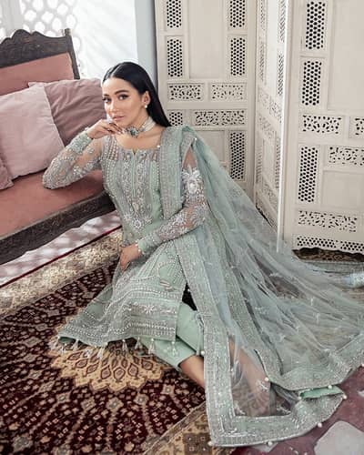 Luxury Mint Green Embroidered 3PC Formal Dress | Premium Net Dupatta