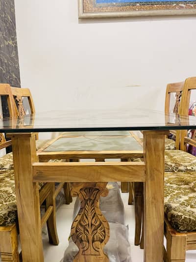 WOODEN (dining table with 6 chairs) 2 tier glass design