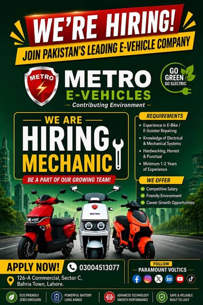 Mechanic Required Bahria Town For EV Bikes