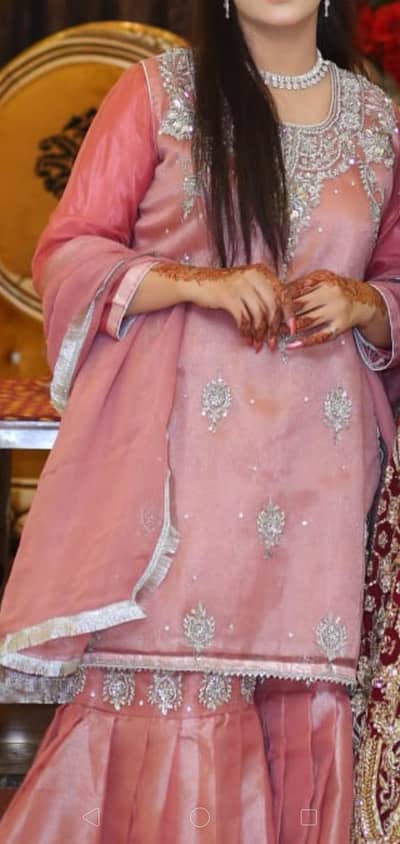 Party Wear Metallic Pink Gharara Set with Heavy Silver Embroidery