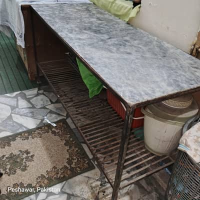 Iron table/shelf, with marble top 5 ft x 2ft x 2.8 ft