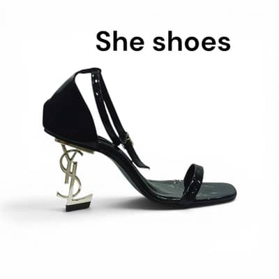 women's black patent YSL logo statement high heel sandal