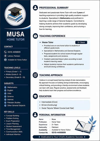 Experienced home tuiter for mathematics and general subjects