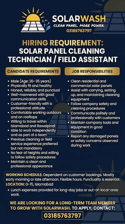 Hiring Requirement – Solar Panel Cleaning Technician