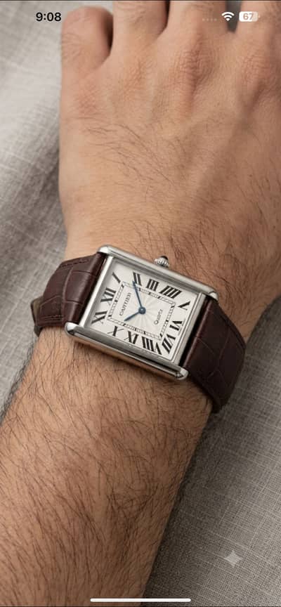 Classic Cartier Style Quartz Men's Watch with Leather Strap