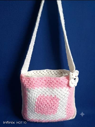 Handmade Pink & White Woolen Crochet Sling Bag
