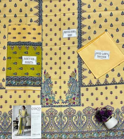 Yellow Printed Dobby Lawn 3Pcs Shirt Dupatta Trouser Set