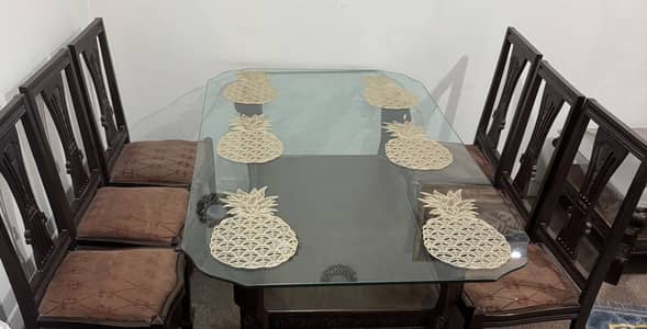 6 Seater Wooden Dining Table with Glass Top-Good condition