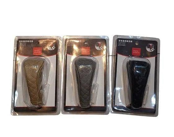 CAR GEAR KNOB COVER LEATHER EMBROIDERED IN THREE COLOURS BLACK BEIGE AND GREY LEATHER MATERIAL