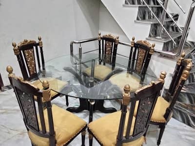 6 Seater Glass Dining Table with Wooden Chairs – Excellent condition