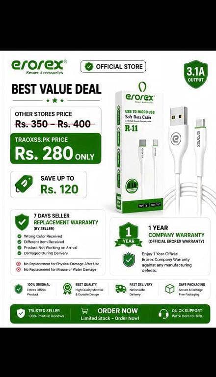 (Traoxss. pk) R-11 Soft Micro USB Type-B Fast Charging Data Cable Durable Flexible Android Mobile Charging Wire High Speed Sync Cable Strong Build Daily Use Reliable Performance