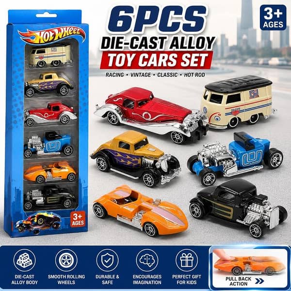 6PCS Die-Cast Alloy Toy Cars Set for Kids | Metal Mini Pull Back Racing & Vintage Car Collection | Durable Die Cast Vehicle Gift Pack for Boys Girls Age 3+