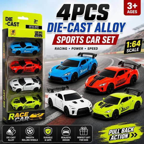 4PCS Die-Cast Alloy Sports Car Set | 1:64 Metal Mini Racing Toy Cars | Pull Back Model Vehicle Collection Gift Pack for Kids Boys Girls Age 3+