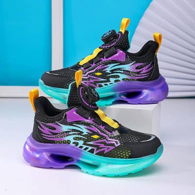 kids flame glowing sneakers purple teal