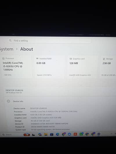 core i5 8 gen HP laptop Pro book 8 128SSD