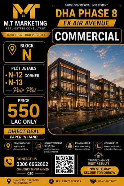 DHA Phase 8 Ex Air Avenue N-12 Corner Commercial Plot | Pair Plot | 550 Lac