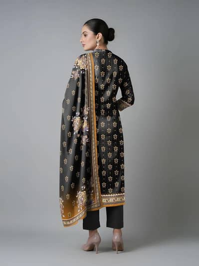 Black Embroidered Kurta Set with Shawl for Women