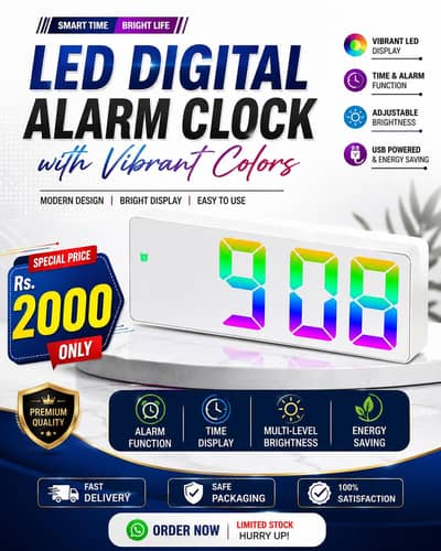 LED Digital Alarm Clock RGB Display USB Powered – New