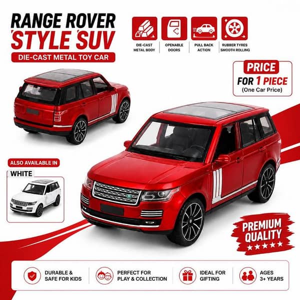 1:43 Range Rover Style SUV Diecast Metal Toy Car | Pull Back Action | Openable Doors | Alloy Model Car | Kids Gift | Red & White
