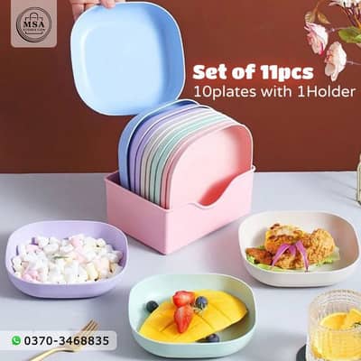 Fancy Plastic Square Plates Set – 10 Pcs Serving Plates with Stand fo