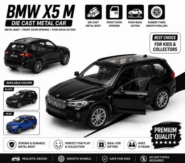 BMW X5 M 1:43 Diecast Metal Toy Car | Pull Back Action | Front Door Opening | Alloy Model SUV | Premium Kids Gift | Black & Blue