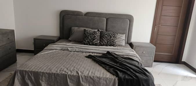 Title: Modern Grey Upholstered Bed Set with Two Nightstands $ dressing