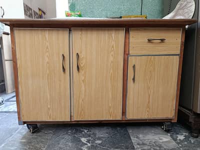wooden press table with wheels