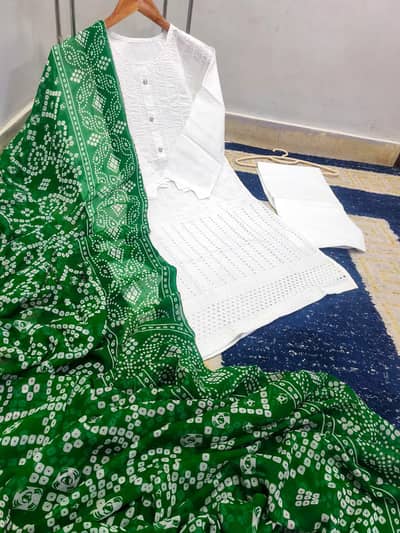 White 3 Piece Lawn Suit with Green Printed Dupatta