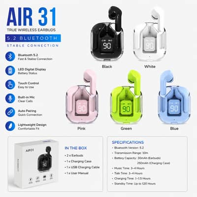 Air 31 Bluetooth 5.2 Wireless Earbuds | Stereo Sound | Touch Control