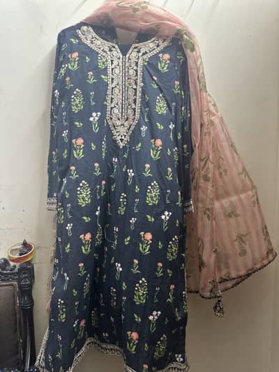 Midnight Bloom Floral Embroidered3-piece lawn suit with Organza Dupatt