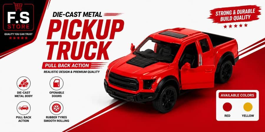 1:43 Metal Diecast Dala Pickup Truck Toy Car | Openable Doors | Pull Back Action | Mini Metal Pickup Model | Kids Gift | Red Yellow