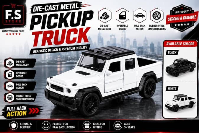 1:43 Metal Diecast Dala Pickup Truck Toy Car | Openable Doors | Pull Back Action | Mini Metal Pickup Model | Kids Gift | black and white