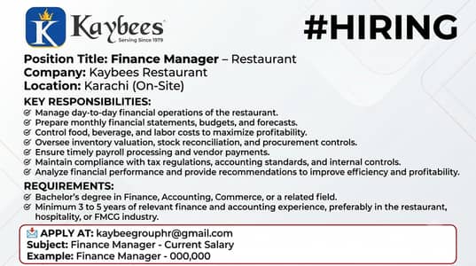 Finance Manager - (3 to 4 years Exp in Restaurants sector)
