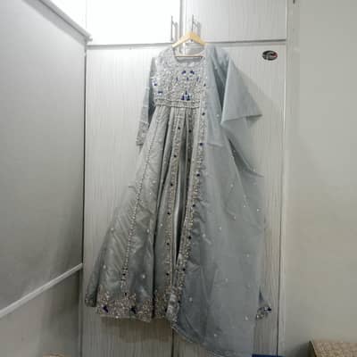 Bridal Maxi Dress - Silver Grey Heavy Embroidered Gown with Dupatta