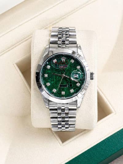 Luxury Silver Men's Watch – Green Dial | Premium Stainless Steel | Da