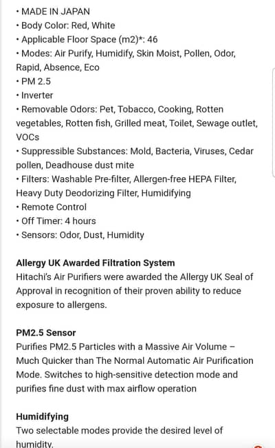 hitachi air purifier model EP_A6000 MADE UN JAPAN
