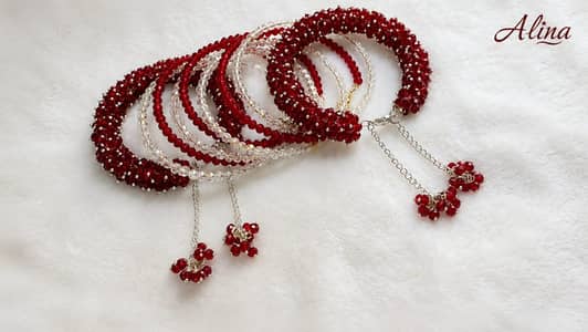 Handmade Red & White Beaded Bangles Set | Bridal Chooriyan | New