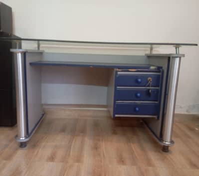 3 drawer wood table with glass top large size for urgent sale