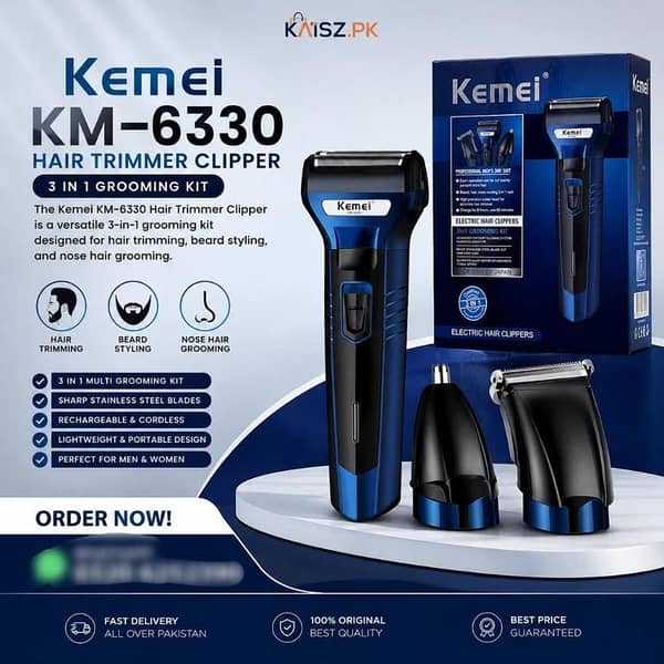 Kemei KM-6330 3 in 1 Professional Grooming Kit For Men - Rechargeable Shaving Machine, Hair Clipper, Beard & Nose Trimmer, Electric Cordless Shaver, Baal Katne Wali Machine, Khat Trimer Mashine - Blue & Black
